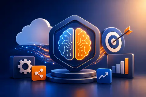 Orange and blue 3D cloud AI illustration for AWS Certified AI Practitioner AIF-C01 practice tests