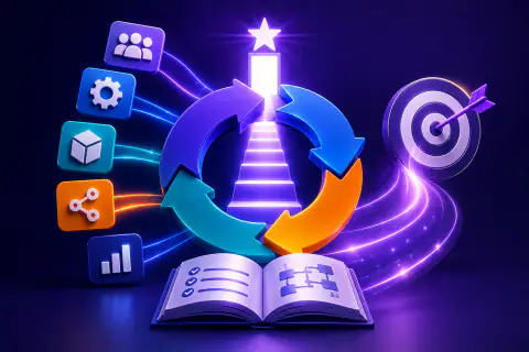 ITIL Foundation Version 5 practice tests illustration showing a continual improvement cycle, value stream icons, and exam preparation
