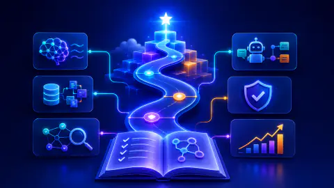 Modern AI practice tests course cover with a learning path, knowledge panels, security controls, and analytics