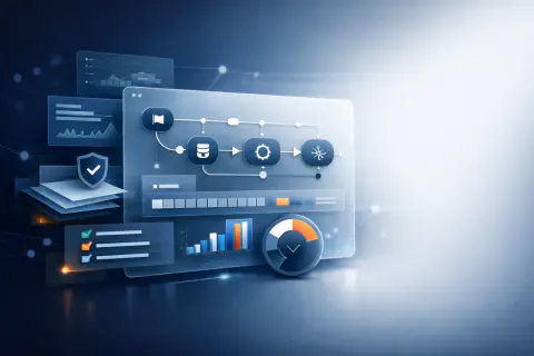 PMI-CPMAI practice test course cover showing an AI project workflow with data, governance checks and performance dashboards